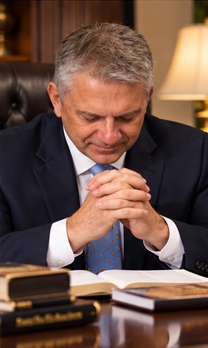 Rev. Gian Luca Bignardi praying at his desk
